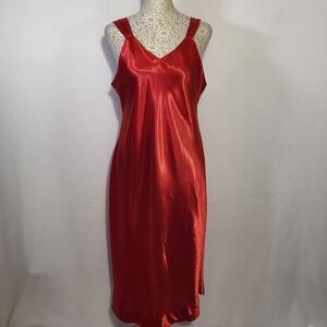 Slip Dress Women's Satin Red Sleeveless V-Neck Side Slits Flowy Lingerie SZ S